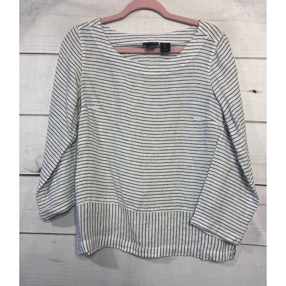 Tahari Top Size SM Linen White With Blue Stripes Classy Chic - Picture 1 of 5